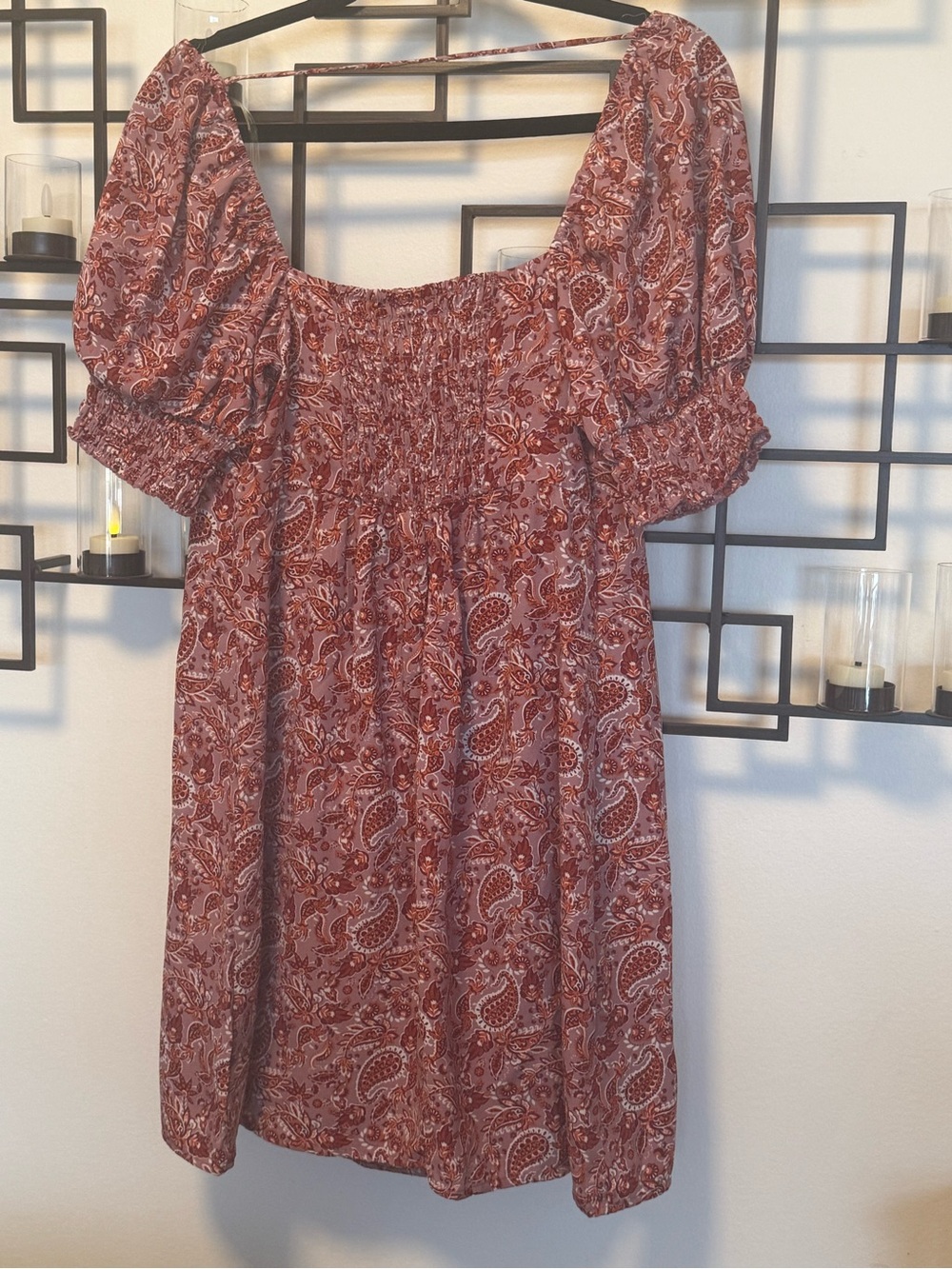 Trixxi Smocked Square-Neck Mini Dress in Rust Paisley